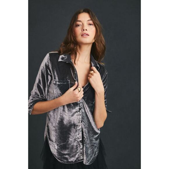 Anthropologie Pilcro The Hadley Relaxed Velvet Buttondown | Gray | SZ SP - Picture 2 of 13